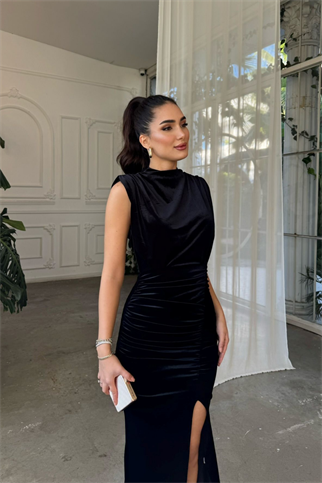 Gabriella Vatkalı Yırtmaçlı Kadife Abiye 9338 SİYAH