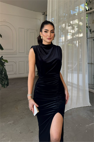 Gabriella Vatkalı Yırtmaçlı Kadife Abiye 9338 SİYAH