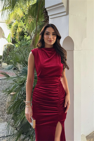Gabriella Vatkalı Yırtmaçlı Kadife Abiye 9338 KIRMIZI