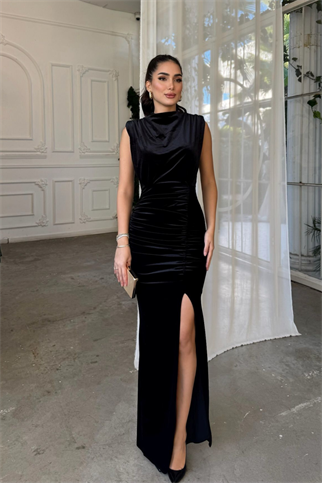 Gabriella Vatkalı Yırtmaçlı Kadife Abiye 9338 SİYAH