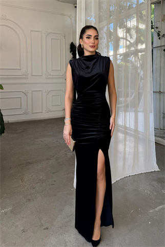 Gabriella Vatkalı Yırtmaçlı Kadife Abiye 9338 SİYAH