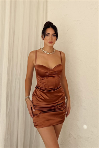 Gloplu Askılı Saten Mini Elbise 9853
