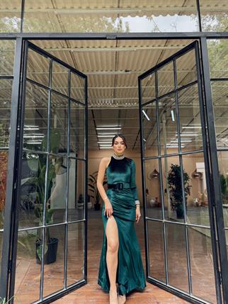 Halley Kemerli Sim Detay Kadife Abiye 582311 ZÜMRÜT