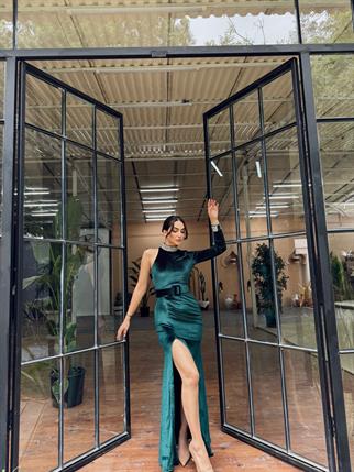 Halley Kemerli Sim Detay Kadife Abiye 582311 ZÜMRÜT