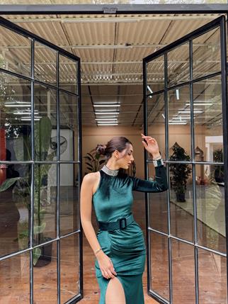 Halley Kemerli Sim Detay Kadife Abiye 582311 ZÜMRÜT