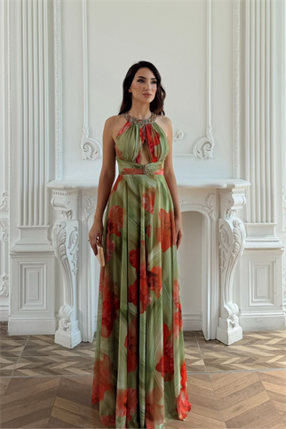 Halter Yaka Damla Detay Baskılı Abiye 1110