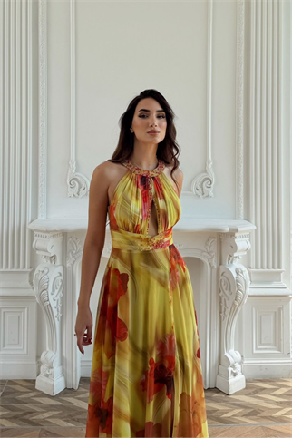 Halter Yaka Damla Detay Baskılı Abiye 1110