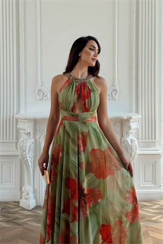 Halter Yaka Damla Detay Baskılı Abiye 1110