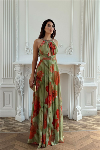 Halter Yaka Damla Detay Baskılı Abiye 1110