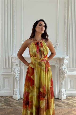Halter Yaka Damla Detay Baskılı Abiye 1110