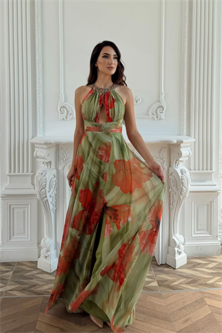 Halter Yaka Damla Detay Baskılı Abiye 1110