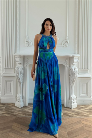 Halter Yaka Damla Detay Baskılı Abiye 1110