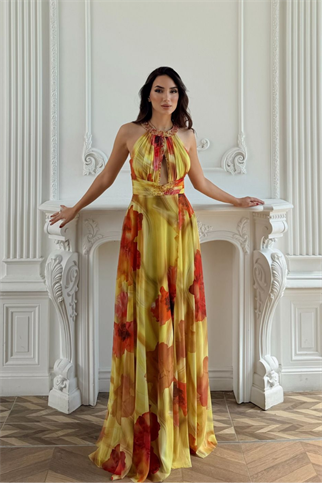 Halter Yaka Damla Detay Baskılı Abiye 1110