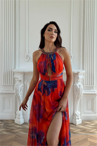 Halter Yaka Damla Detay Baskılı Abiye 1110