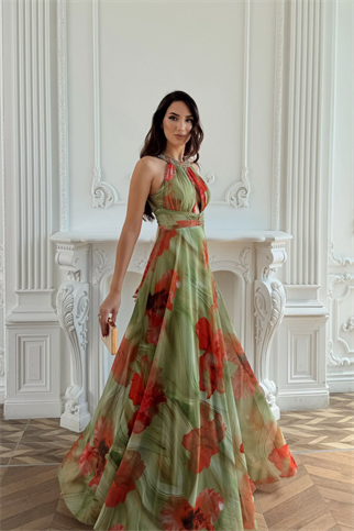 Halter Yaka Damla Detay Baskılı Abiye 1110