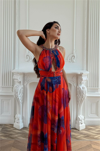 Halter Yaka Damla Detay Baskılı Abiye 1110