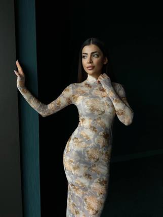 Hannah Baskılı Tül Elbise 56634 TAŞ RENGİ