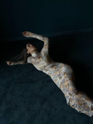Hannah Baskılı Tül Elbise 56634 TAŞ RENGİ