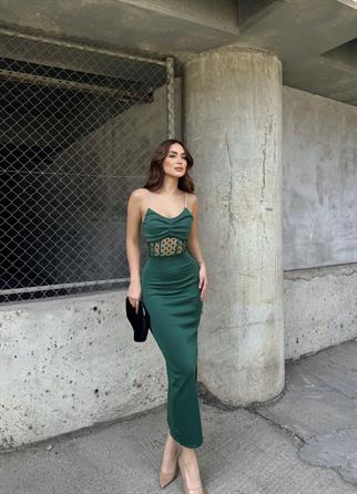 Harriet Taş Askı Bel Transparan Elbise 2485 ZÜMRÜT