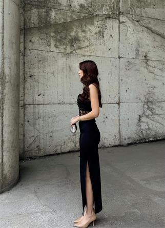 Harriet Taş Askı Bel Transparan Elbise 2485 SİYAH