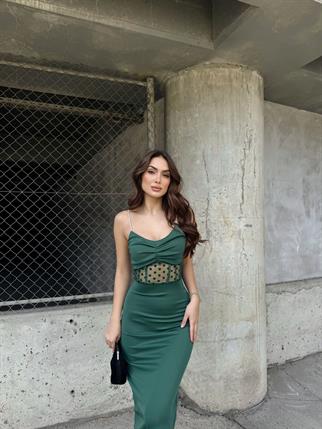 Harriet Taş Askı Bel Transparan Elbise 2485 ZÜMRÜT