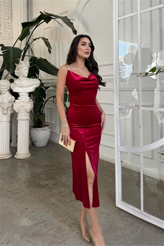 Haven Zincir Detaylı Midi Boy Elbise 9333 KIRMIZI