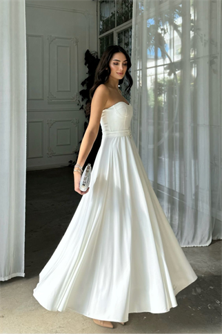 Hazal Straplez Toka Detay Abiye 9313 BEYAZ