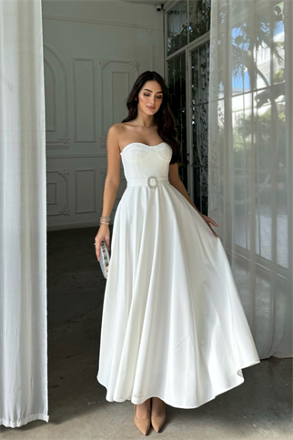 Hazal Straplez Toka Detay Abiye 9313 BEYAZ