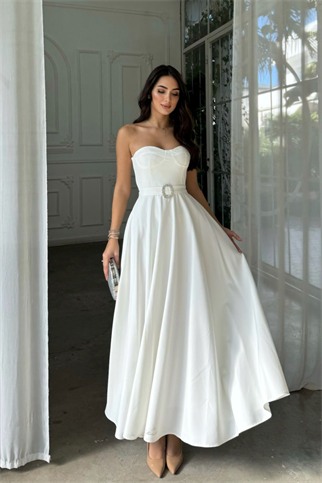 Hazal Straplez Toka Detay Abiye 9313 BEYAZ