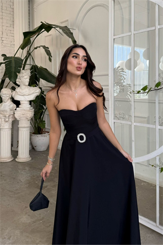 Hazal Straplez Toka Detay Abiye 9313 SİYAH