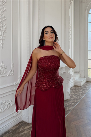 Hazan Straplez Üst Payet Şifon Abiye 1156