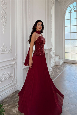Hazan Straplez Üst Payet Şifon Abiye 1156