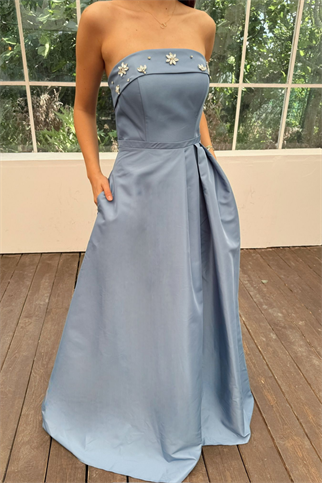 Hazel Straplez Işlemeli Saten Abiye 4747 İNDİGO