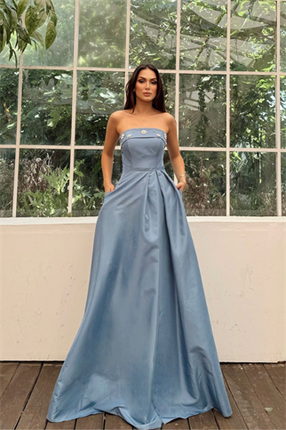 Hazel Straplez Işlemeli Saten Abiye 4747 İNDİGO