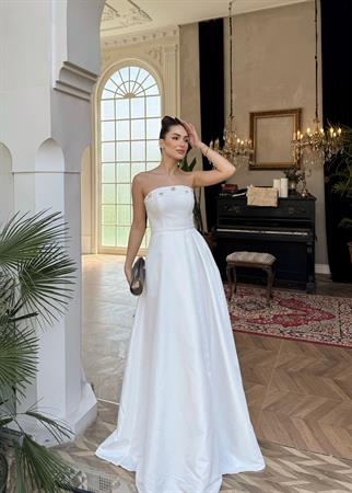 Hazel Straplez Işlemeli Saten Abiye 4747 BEYAZ