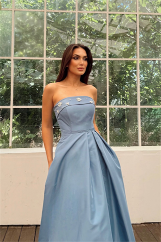 Hazel Straplez Işlemeli Saten Abiye 4747 İNDİGO