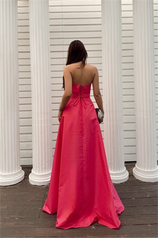 Hazel Straplez Işlemeli Saten Abiye 4747 FUŞYA