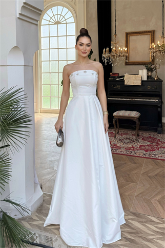 Hazel Straplez Işlemeli Saten Abiye 4747 BEYAZ