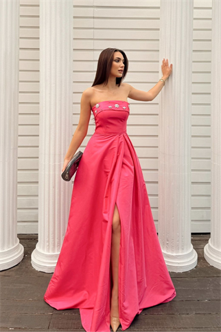 Hazel Straplez Işlemeli Saten Abiye 4747 FUŞYA