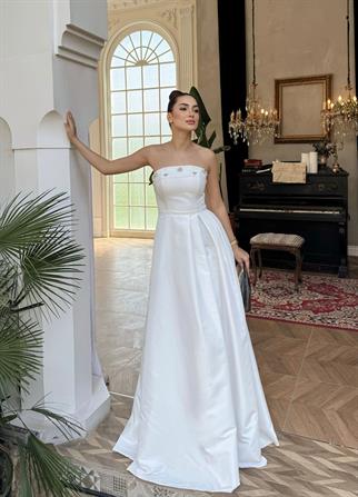 Hazel Straplez Işlemeli Saten Abiye 4747 BEYAZ
