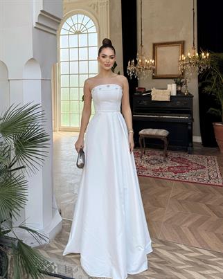 Hazel Straplez Işlemeli Saten Abiye 4747 BEYAZ