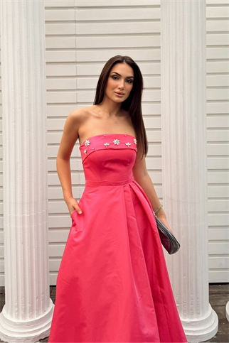 Hazel Straplez Işlemeli Saten Abiye 4747 FUŞYA