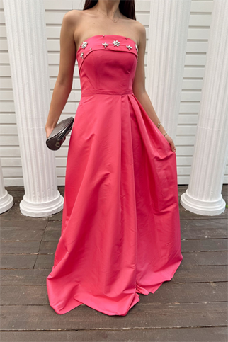 Hazel Straplez Işlemeli Saten Abiye 4747 FUŞYA