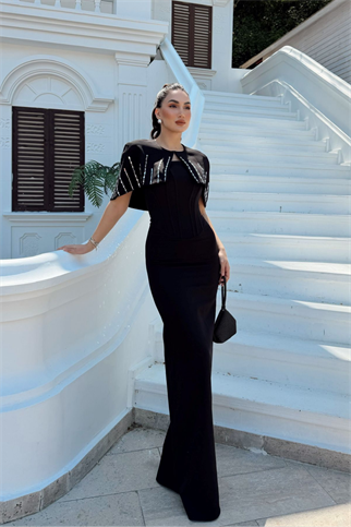 Helin Pelerin Detay Straplez Abiye 1204