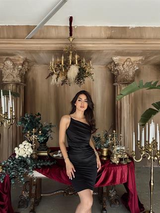 Holly Tek Askı Drapeli Saten Elbise 582538 SİYAH