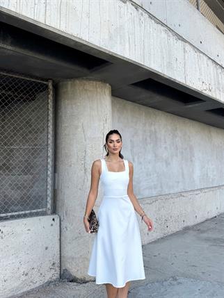 İdil Kare Yaka Kalın Askılı Midi Elbise 2248 BEYAZ