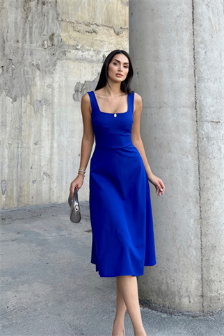 İdil Kare Yaka Kalın Askılı Midi Elbise 2248 SAKS MAVİ