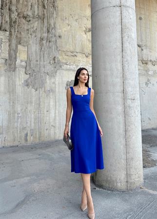 İdil Kare Yaka Kalın Askılı Midi Elbise 2248 SAKS MAVİ
