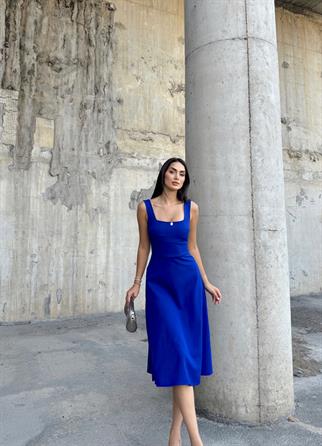 İdil Kare Yaka Kalın Askılı Midi Elbise 2248 SAKS MAVİ