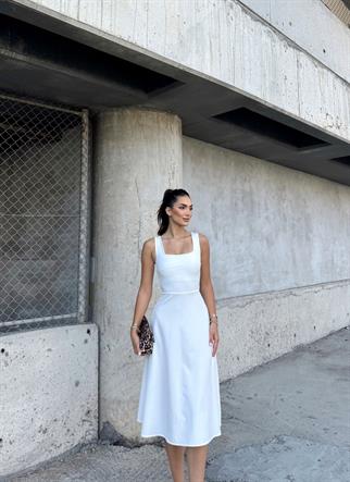 İdil Kare Yaka Kalın Askılı Midi Elbise 2248 BEYAZ